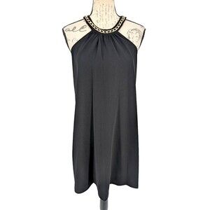 CALVIN KLEIN Dress Size 4 Black Halter Neckline A Line Gold Chain Accent NWOT